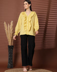 Women Yellow Striped Casual Buttoned Top
