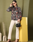 Women Black Floral Opaque Printed Casual Buttoned Top