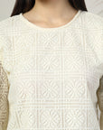 Women Cream Solid Round Neck 3/4th Sleeve Cotton Top