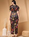 Black Top Short Sleeves Printed Top & Trouser Co Ords