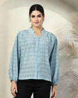 Blue solid opaque Casual Buttoned Top