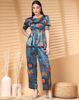 Teal Top Short Sleeves Women Printed Top With Trouser Co Ords