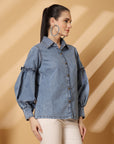 Blue Floral Opaque Casual Buttoned Top