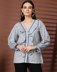 Women Blue Striped Casual Buttoned Top