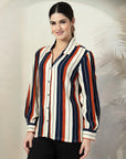 Multicoloured Stripe opaque Casual Buttoned Top