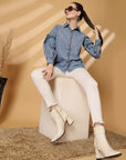 Blue Floral Opaque Casual Buttoned Top