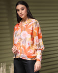 Orange Regular Sleeves Spread Collar Women Standard Floral Opaque Printed Casual Buttoned Top