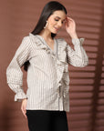Women White Striped Casual Buttoned Top