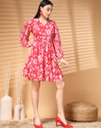 Pink Above Knee V Neck Floral Print A Line Dress