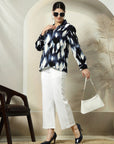 Blue Printed opaque Spread Collar Casual Buttoned Top