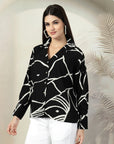 Black Printed opaque spread collar Casual Buttoned Top