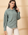 Sea Green Women Opaque Casual Buttoned Top
