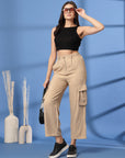 Beige Solid Pleated Trousers