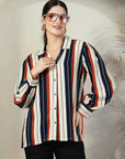 Multicoloured Stripe opaque Casual Buttoned Top