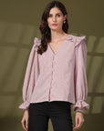 Striped Puff Sleeve Ruffles Top