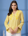 Yellow Women Opaque Striped Casual Buttoned Top