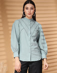 Sea Green Regular Sleeves Spread Collar Women Standard Opaque Casual Buttoned Top