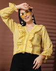 Women Yellow Striped Casual Buttoned Top