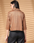 Brown Solid Shirt Collar Crop Top