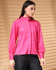 Pink Regular Sleeves Spread Collar Women Standard Opaque Casual Buttoned Top