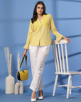 Yellow Women Opaque Striped Casual Buttoned Top