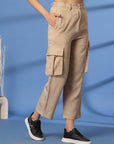 Beige Solid Pleated Trousers