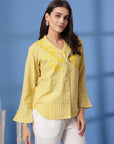 Yellow Women Opaque Striped Casual Buttoned Top