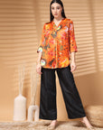Orange Printed V Neck Floral Print Top