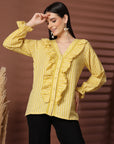 Women Yellow Striped Casual Buttoned Top