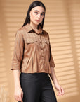 Brown Solid Shirt Collar Crop Top