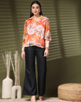 Orange Regular Sleeves Spread Collar Women Standard Floral Opaque Printed Casual Buttoned Top