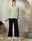 Green solid opaque Casual Buttoned Top