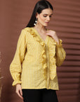 Women Yellow Striped Casual Buttoned Top