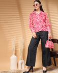Pink Regular Sleeves Spread Collar Women Standard Floral Opaque Printed Casual Buttoned Top