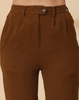 Brown Solid Pleated Trousers