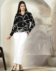 Black Printed opaque spread collar Casual Buttoned Top