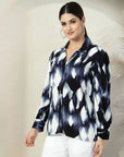 Blue Printed opaque Spread Collar Casual Buttoned Top