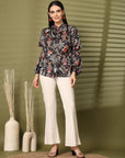 Women Black Floral Opaque Printed Casual Buttoned Top