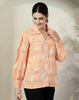 Orange Printed opaque Regular Sleeve Casual Buttoned Top