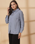 Blue Women Opaque Casual Buttoned Top