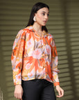 Orange Regular Sleeves Spread Collar Women Standard Floral Opaque Printed Casual Buttoned Top