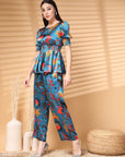 Teal Top Short Sleeves Women Printed Top With Trouser Co Ords