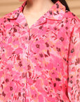 Pink Regular Sleeves Spread Collar Women Standard Floral Opaque Printed Casual Buttoned Top