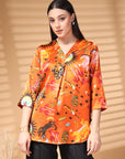 Orange Printed V Neck Floral Print Top