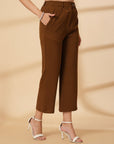 Brown Solid Pleated Trousers
