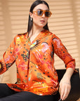Orange Printed V Neck Floral Print Top