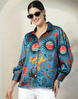 Blue floral printed opaque Casual Buttoned Top