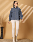 Women Blue Floral Opaque Casual Buttoned Top