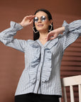 Women Blue Striped Casual Buttoned Top