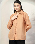 Women Standard Peach Opaque Casual Buttoned Top